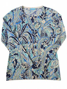 J.McLaughlin 100% Cashmere Paisley Sweater Medium Blue Aqua Cream Sweater Crew